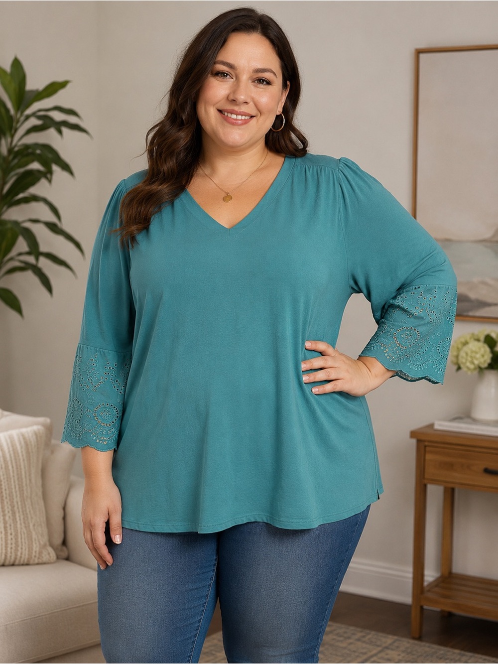 Women's Teal V-Neck Eyelet Bell Sleeve Top